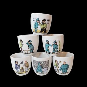 Vtg Czech Set of 6 Rare Hand Painted Porcelain Egg Cups Shot Glass Good Soldier